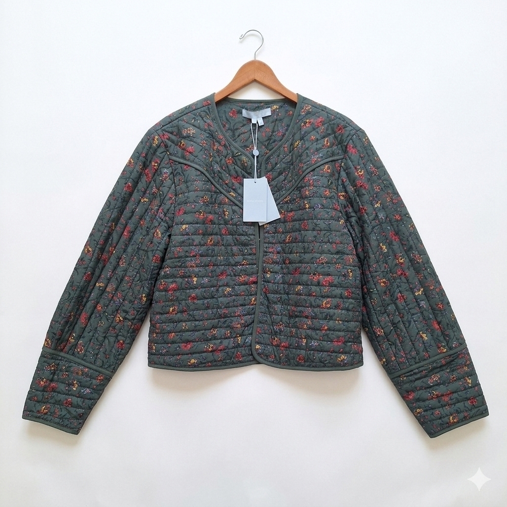 NWT Hill House Home The Amari Quilted Jacket Green Floral Coat Size 2XL